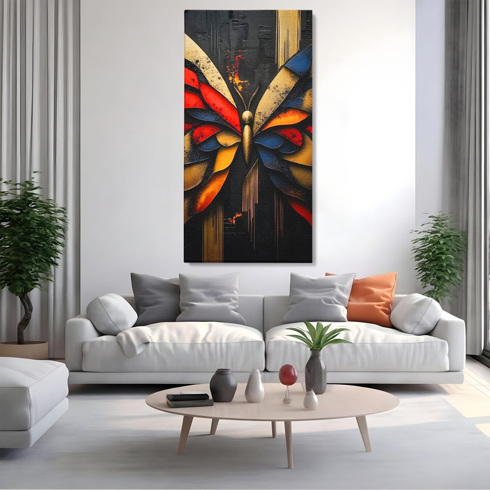 Tablou canvas cu tablou canvas cu fluture abstract, fara rama, pe sasiu de lemn, pe perete intr-un living